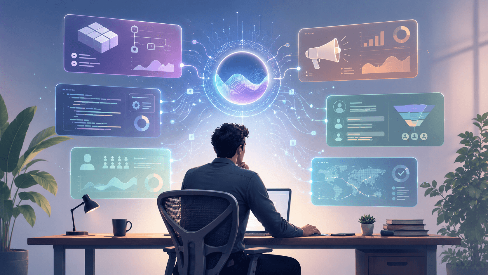 A founder at a desk surrounded by AI panels handling product, marketing, sales, and operations