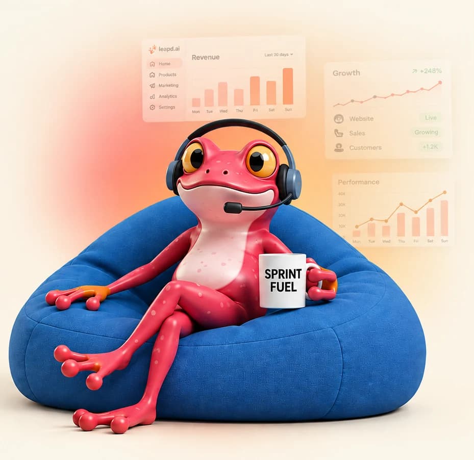 The Leapd frog in a headset on a beanbag, coffee in hand, with revenue and growth dashboards behind it