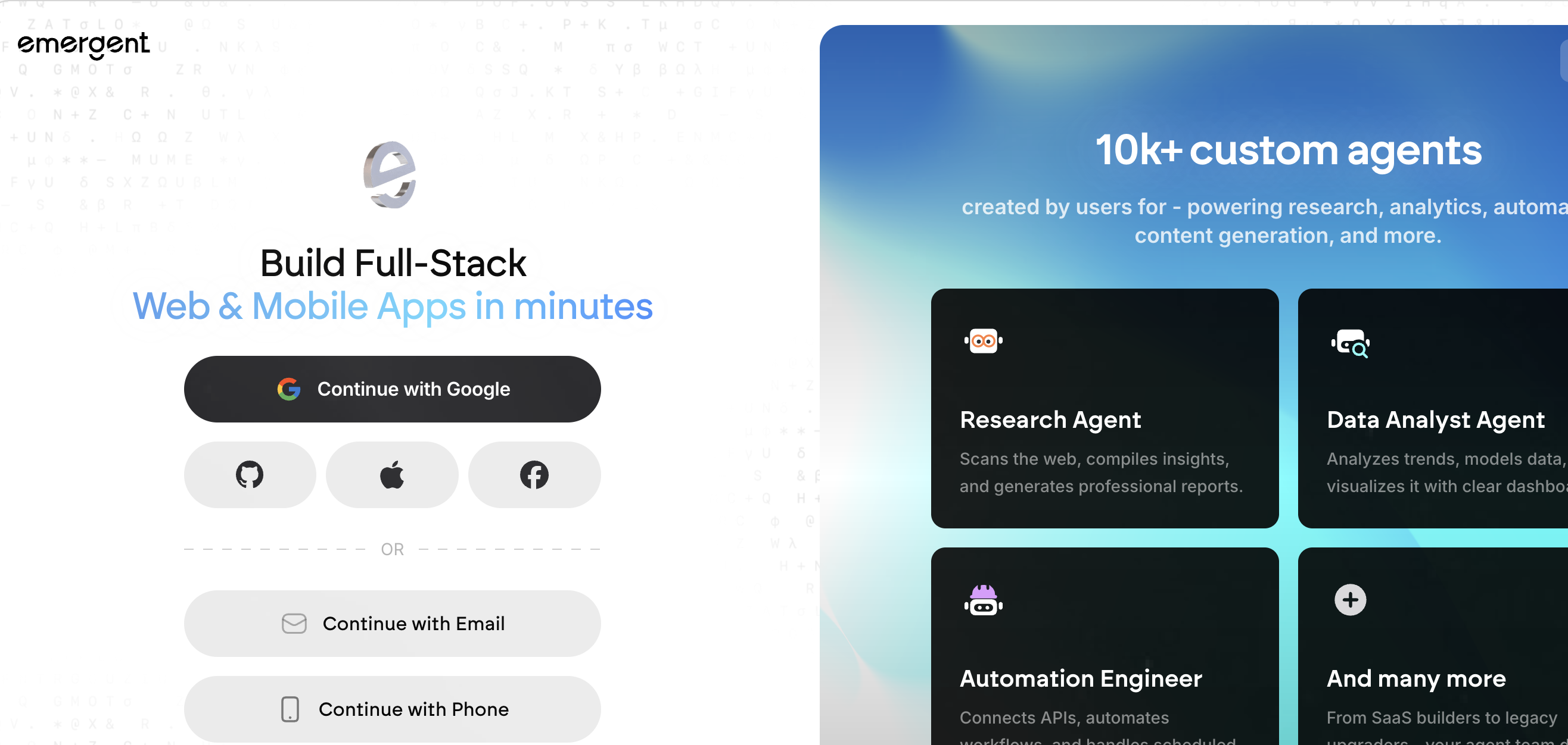 Emergent.sh AI agent app builder interface